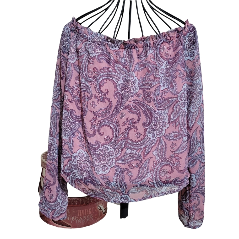 Love Fire Pink Paisley Print Sheer Lined Off‎ The Shoulder Top Small/Petite NWOT